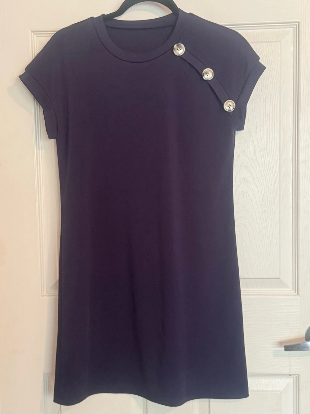 Navy Short-Sleeve Kids Dress with Accent Buttons